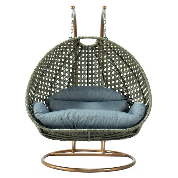 Leisuremod Beige Wicker Hanging 2 person Egg Swing Chair with Charcoal Blue Cushions ESCBG-57CBU